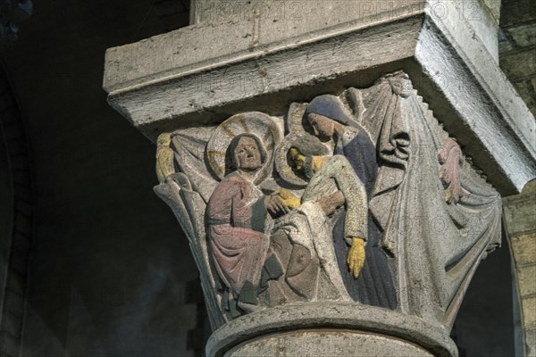 La Bourboule. Capitals of St Joseph church sculpted in 1941 by Henri Charlier. Puy de Dome department. Auvergne Volcanoes Natural Regional Park