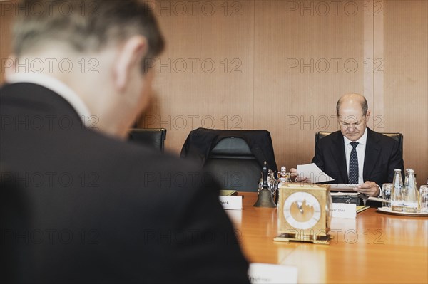 (R-L) Olaf Scholz (SPD), Federal Chancellor, and Christian Lindner (FDP), Federal Minister of Finance, photographed during the weekly meeting of the Cabinet at the Federal Chancellery in Berlin, 05.07.2023. The Cabinet intends to adopt the draft for the 2024 federal budget at this meeting, Berlin, Germany, Europe