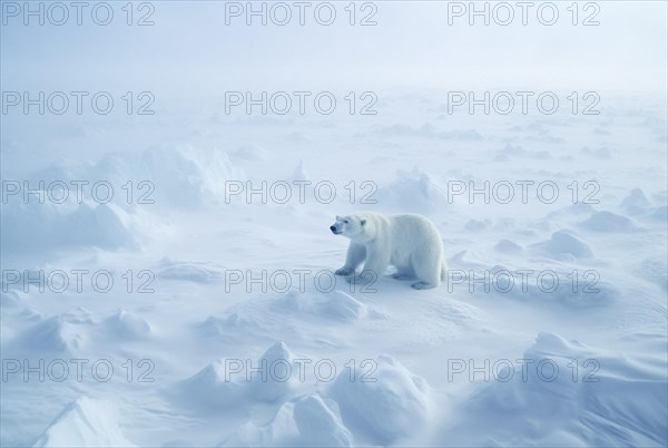 A polar bear in the Arctic on the frozen polar sea in winter landscape between ice and snow