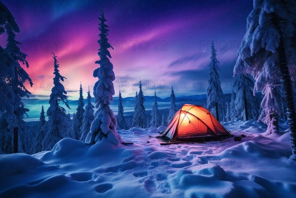 A red tent lit from the inside in vast arctic wilderness in winter