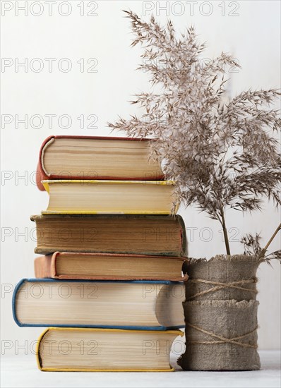 Front view stack books with vase flowers