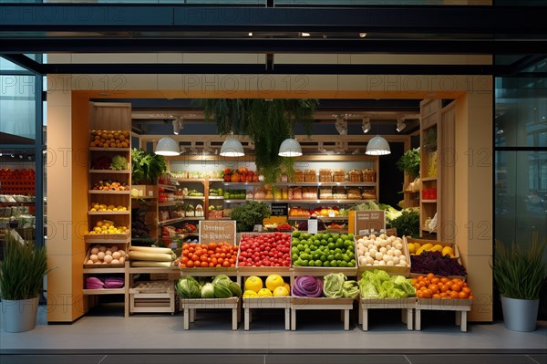 A modern fruit shop with various boxes of fruit and vegetables in front of the door