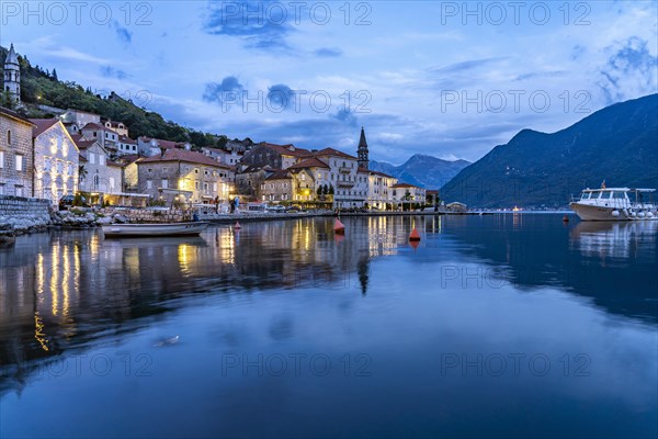 Perast with the Sveti Nikola Church on the Bay of Kotor at dusk