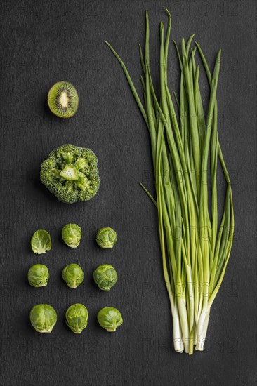 Top view broccoli with chives brussels sprout