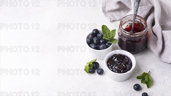 Delicious blueberry jam with copy space