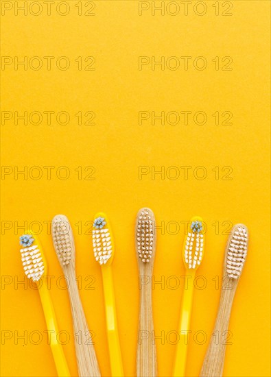 Top view collection organic toothbrushes with copy space