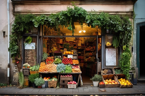 A rustic fruit and vegetable shop with various crates of fruit and vegetables in front of the door