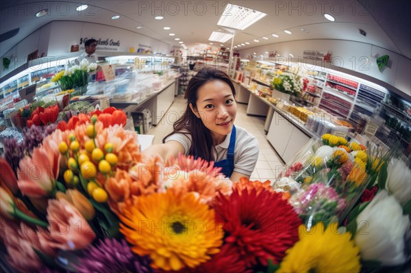 Cheerful Asian florist at work in a modern flower shop