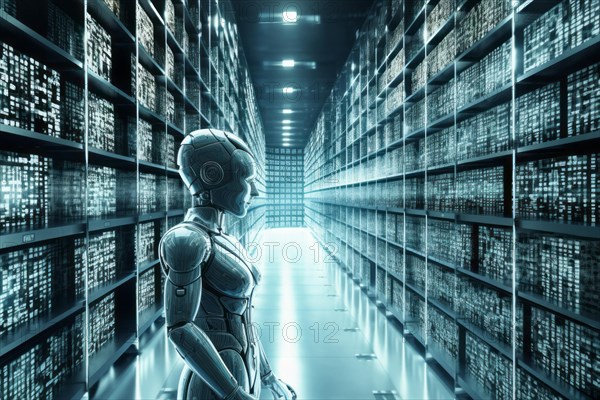 An AI robot works in a gigantic data archive