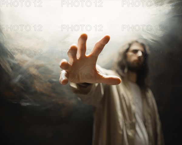 A person in the Jesus look stretches out his hand threateningly