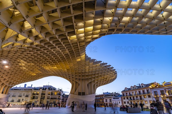 The futuristic wooden construction and observation deck Metropol Parasol at the Plaza de la Encarnacion at dusk