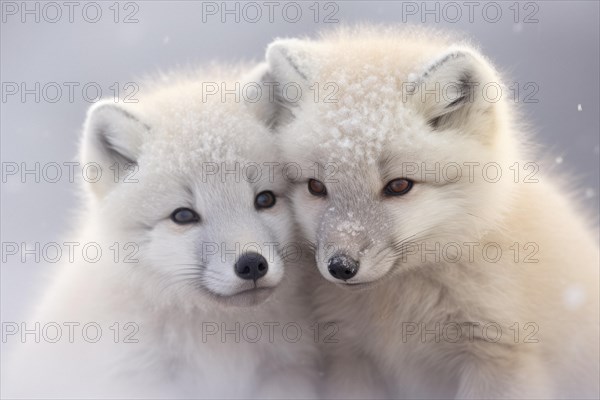 Two Arctic fox cubs with soft fur snuggle together