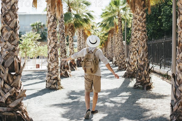 Traveler walking through palm trees