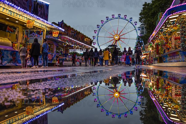 The colourful lights of the Mainfest are reflected in a puddle. The Mainfest on the Mainkai