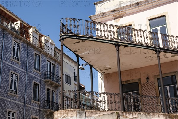 Wrought iron balcony on a house in the old town of Lisbon