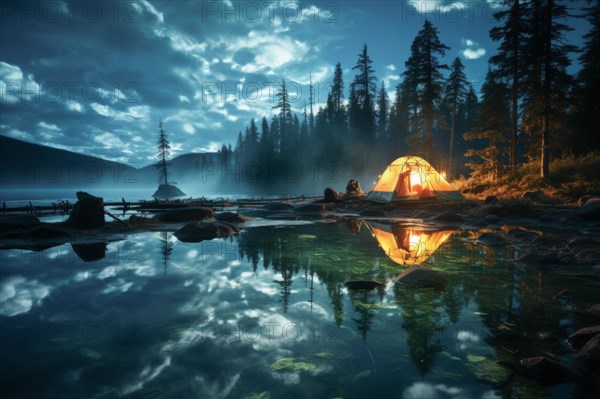 Tent lit from inside in vast Canadian wilderness by a lake