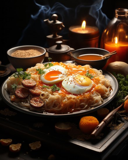 Steaming ramen soup bowl