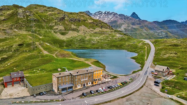 Aerial view bird's eye view of mountain lake at mountain pass alpine mountain road alpine road pass road Bernina Pass Bernina Pass