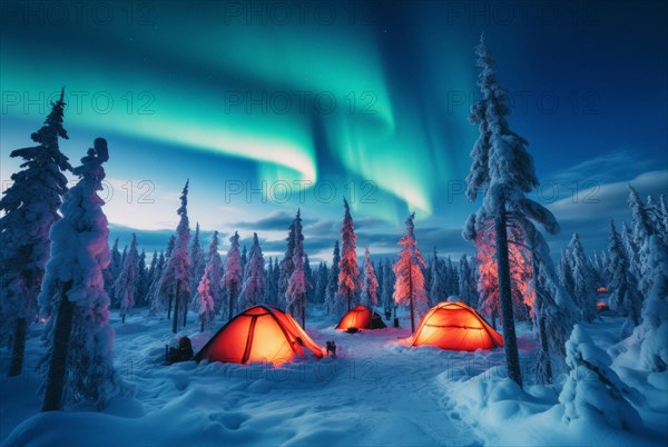 Small tent settlement lit from the inside in vast arctic wilderness in winter