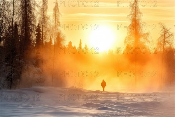 Steaming ground in a forest clearing in deep winter at sunset