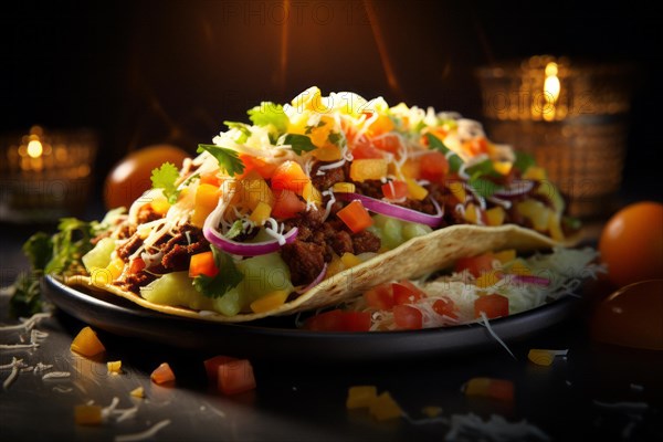 Appetisingly presented crispy taco shells with meat filling