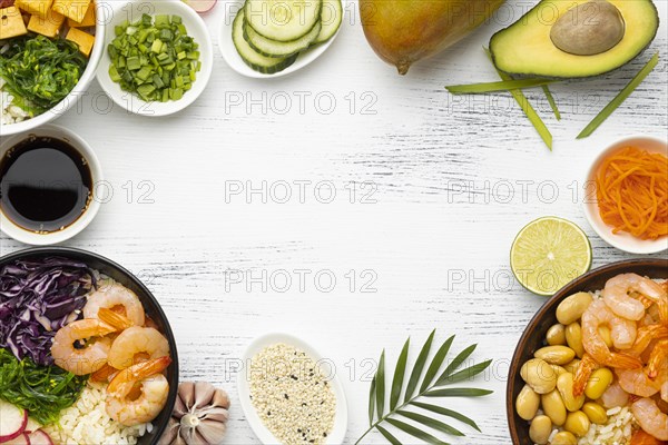 Flat lay arrangement hawaiian poke bowl