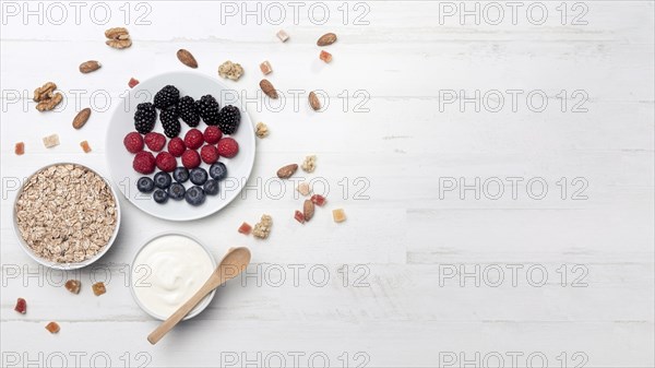 Yougurt with fruits copy space