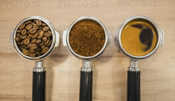 Top view coffee machine cups with different stages coffee