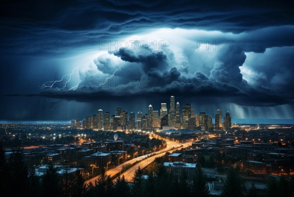 Storm with heavy thunderclouds and lightning over a big city by the sea
