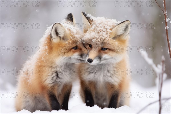 Two Arctic fox cubs with soft fur cuddle up to each other in Arctic winter landscape during snowfall