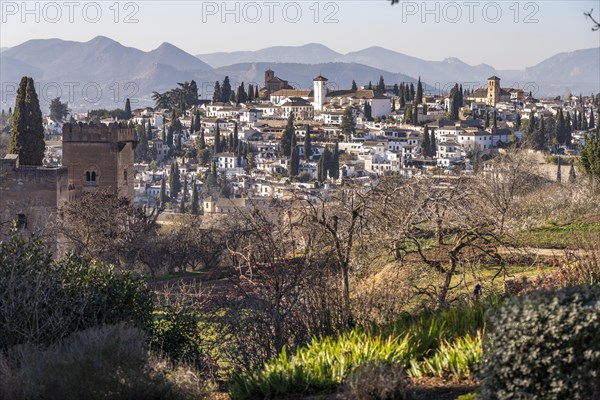 View from the castle complex of the Alhambra to the former Moorish residential quarter Albaicin in Granada