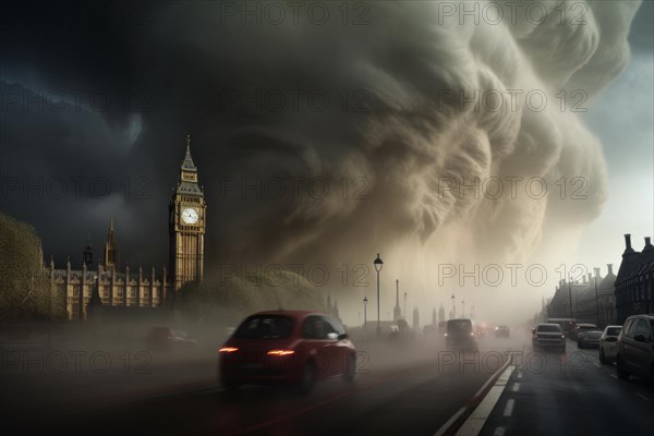 A devastating tornado rages over a major city