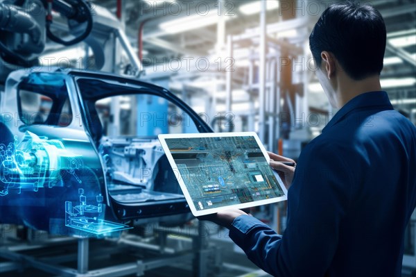 Man cotrolls AI assisted manufacturing of a car with a tablet in a car factory