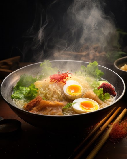 Steaming ramen soup bowl