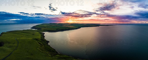 Panorama of Sunset over Mull of Galloway Lighthouse from a drone