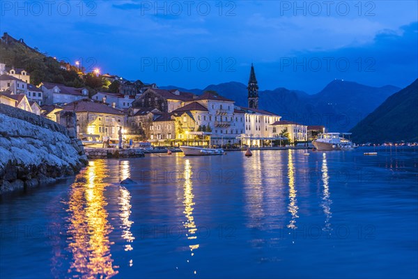 Perast with the Sveti Nikola Church on the Bay of Kotor at dusk
