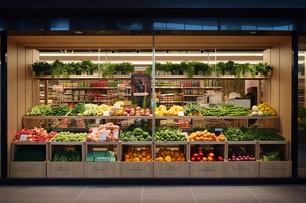 A modern fruit shop with various boxes of fruit and vegetables in front of the door