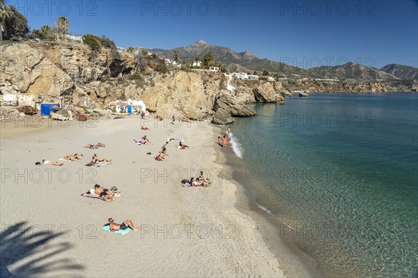 View from the Balcon de Europa to the beach Playa de la Calahonda in Nerja