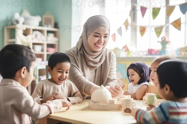 Children playing happily in kindergarten