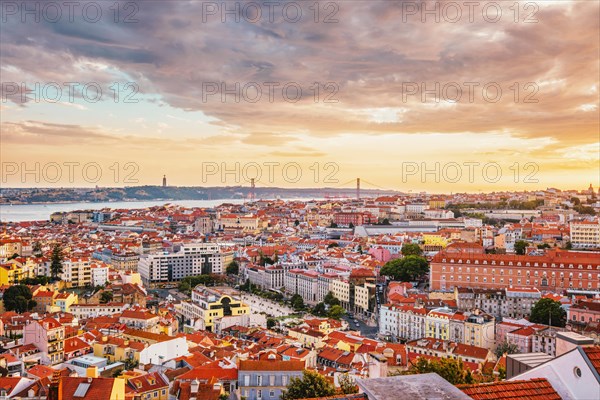 View of Lisbon famous view from Miradouro da Senhora do Monte tourist viewpoint of Alfama and Mauraria old city district