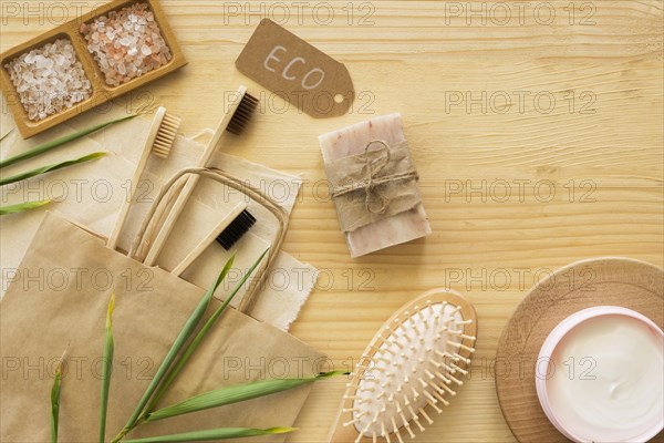 Bamboo toothbrushes soap top view