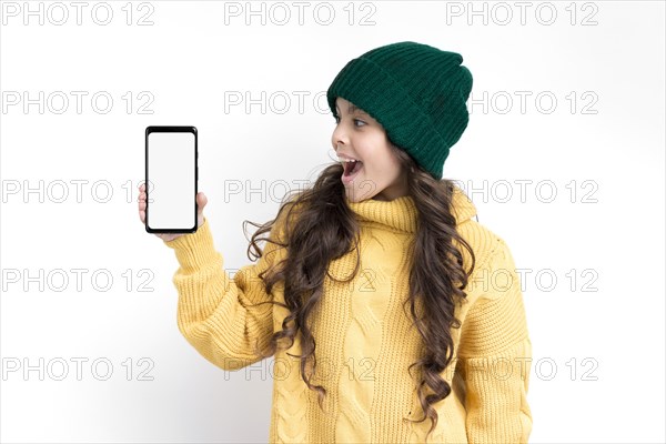 Smiley girl holding phone mock up