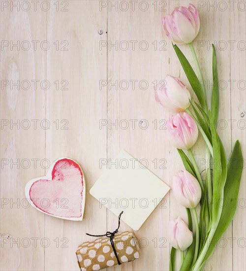 Tulips with gift box paper table