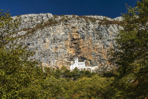 The Serbian Orthodox monastery Ostrog high up in a rock