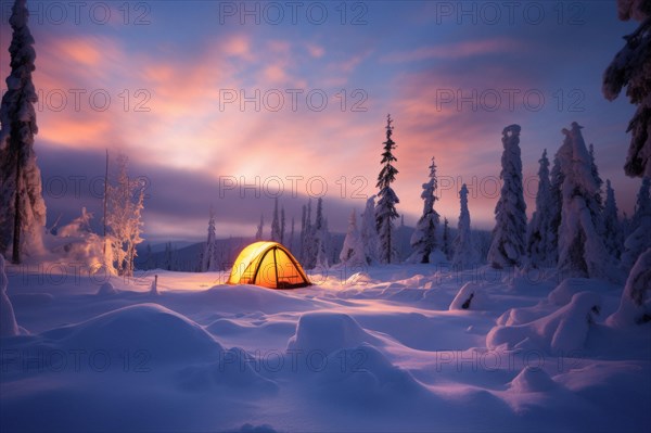 A tent lit from the inside in a vast arctic wilderness in winter