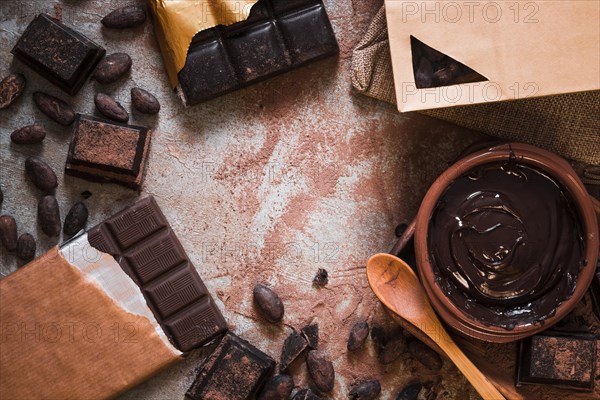 Chocolate bar cocoa beans chocolate cream table