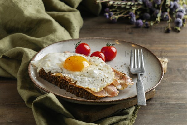 Breakfast with egg bacon tomatoes high angle