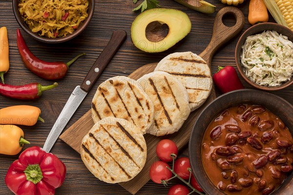 Delicious food arrangement flat lay