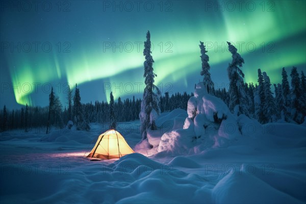 A yellow tent lit from the inside in vast arctic wilderness in winter