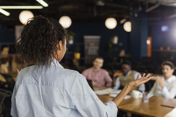 Back view woman holding meeting work with colleagues